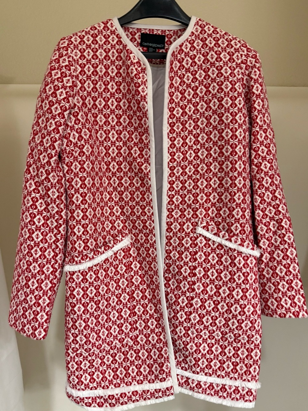 Cynthia Rowley Red & Cream Geometric Fringe Open Front Jacket — Size XS
